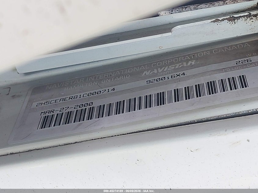 2001 International 9000-series VIN 2HSCEAER81C000714 IAAI salvage auction — ROLLOVER, Salvage (Texas), sold $3,850 on 2026-07-08 (photo 9)