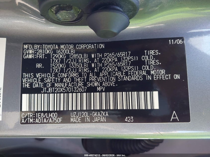 2007 Lexus Gx VIN JTJBT20X570132607 IAAI salvage auction — WATER/FLOOD, Clear (Virginia), sold $2,550 on 2026-07-07 (photo 9)