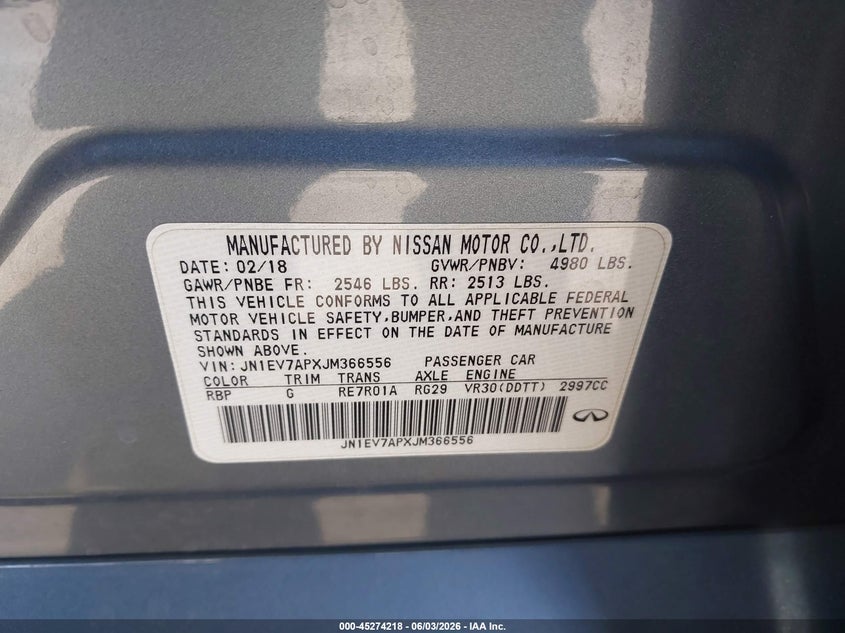 2018 Infiniti Q50 VIN JN1EV7APXJM366556 IAAI salvage auction — FRONT END, Salvage Title, sold $2,550 on 2026-07-16 (photo 9)