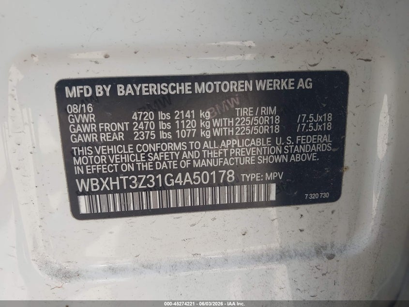 2016 BMW X1 VIN WBXHT3Z31G4A50178 IAAI salvage auction — FRONT END, Original (Texas), sold $3,100 on 2026-08-01 (photo 9)