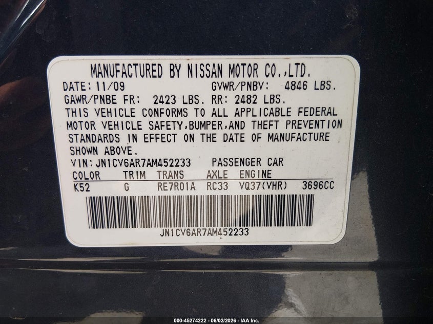 2010 Infiniti G37 VIN JN1CV6AR7AM452233 IAAI salvage auction — LEFT REAR, Clear (Missouri), sold $375 on 2026-07-07 (photo 9)
