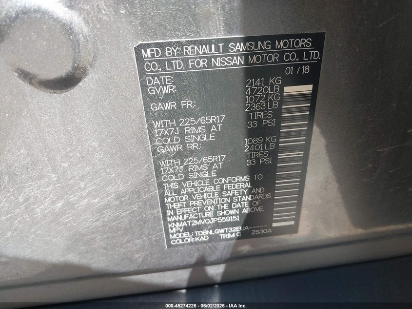 2018 Nissan Rogue VIN KNMAT2MV0JP559151 IAAI salvage auction — FRONT END, Salvage (Ohio), sold $1,025 on 2026-07-28 (photo 9)