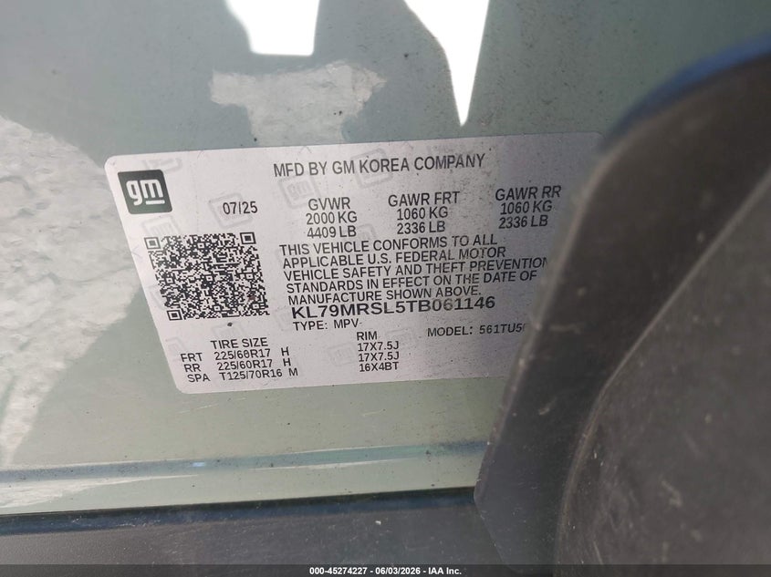 2026 Chevrolet Trailblazer VIN KL79MRSL5TB061146 IAAI salvage auction — FRONT END, Salvage Title, sold $7,400 on 2026-07-22 (photo 9)