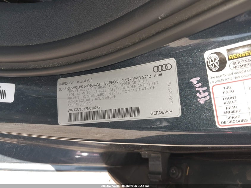 2014 Audi A6 VIN WAUGFAFCXEN018288 IAAI salvage auction — NORMAL WEAR, Salvage Title, sold $2,050 on 2026-07-22 (photo 9)