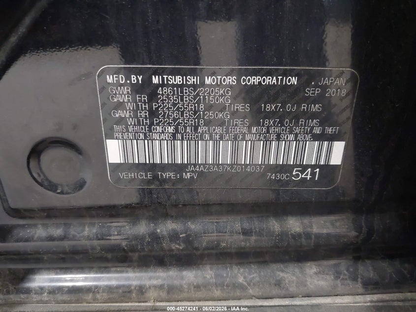 2019 Mitsubishi Outlander VIN JA4AZ3A37KZ014037 IAAI salvage auction — FRONT END, Salvage Title, sold $1,075 on 2026-07-29 (photo 9)