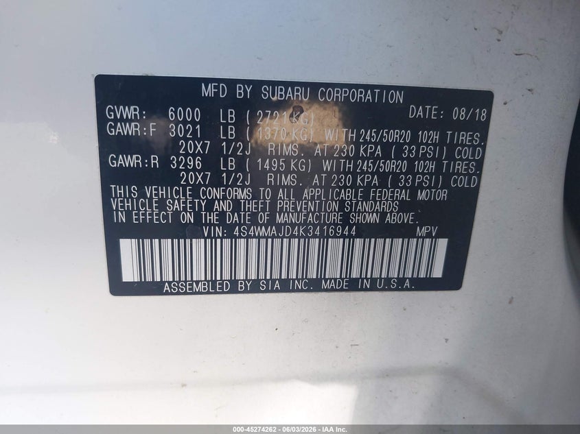 2019 Subaru Ascent VIN 4S4WMAJD4K3416944 IAAI salvage auction — RIGHT FRONT, Salvage Title, sold $3,850 on 2026-07-27 (photo 9)
