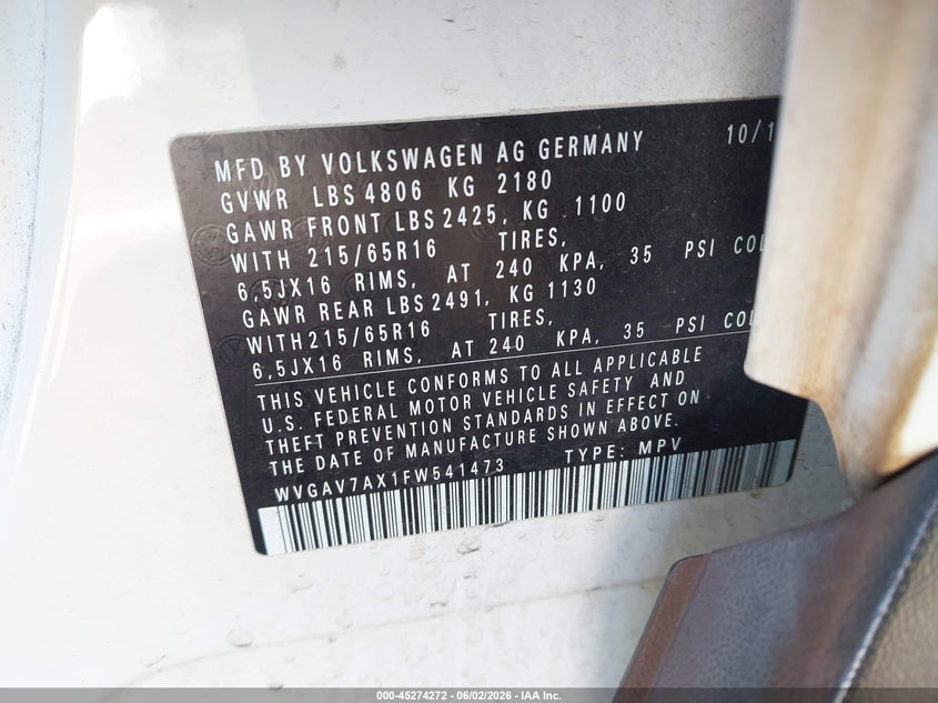 2015 Volkswagen Tiguan VIN WVGAV7AX1FW541473 IAAI salvage auction — RIGHT FRONT, Salvage (Oregon), sold $1,300 on 2026-08-18 (photo 9)