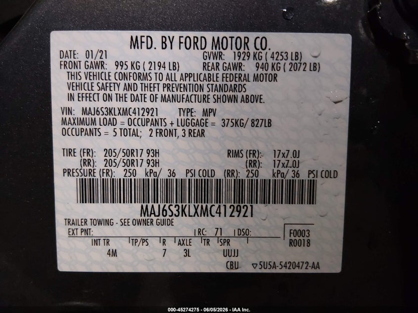 2021 Ford Ecosport VIN MAJ6S3KLXMC412921 IAAI salvage auction — FRONT END, Salvage Title, sold $450 on 2026-07-21 (photo 9)
