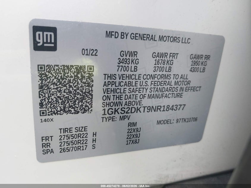 2022 Gmc Yukon VIN 1GKS2DKT9NR184377 IAAI salvage auction — RIGHT SIDE, Salvage Title, sold $31,050 on 2026-07-20 (photo 9)