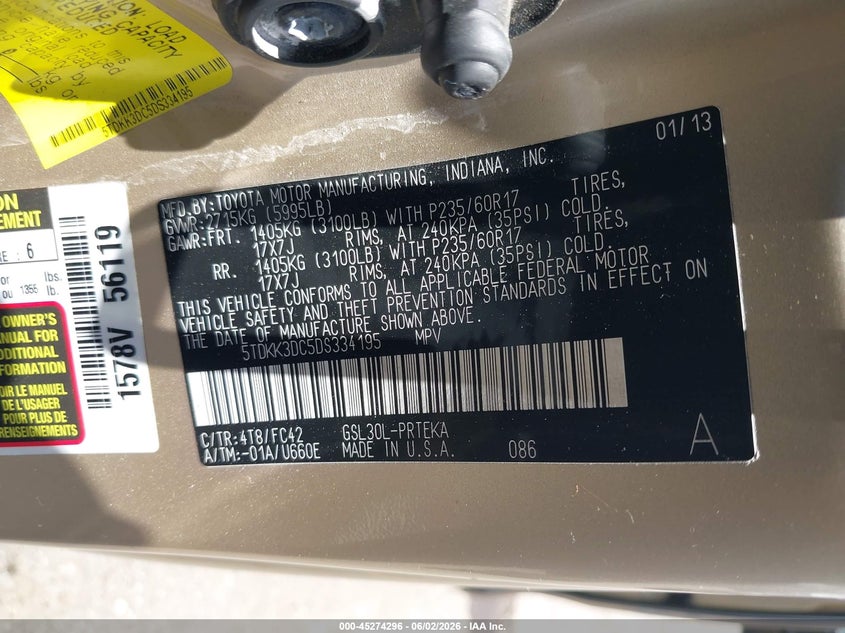 2013 Toyota Sienna VIN 5TDKK3DC5DS334195 IAAI salvage auction — FRONT END, Salvage Title, sold $1,575 on 2026-07-15 (photo 9)