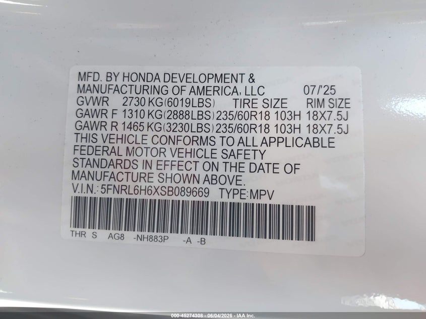 2025 Honda Odyssey VIN 5FNRL6H6XSB089669 IAAI salvage auction — REAR END, Salvage (California), sold $20,100 on 2026-07-09 (photo 9)