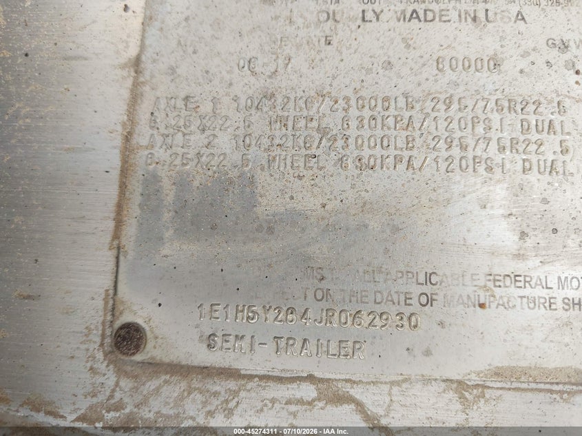 2018 East manufacturing Flatbed VIN 1E1H5Y284JR062930 IAAI salvage auction — FRONT END, Salvage (Texas), sold $8,100 on 2026-08-05 (photo 9)