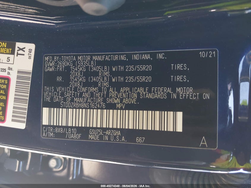 2022 Toyota Highlander VIN 5TDDZRBH8NS162476 IAAI salvage auction — RIGHT SIDE, Salvage Title, sold $15,400 on 2026-07-14 (photo 9)