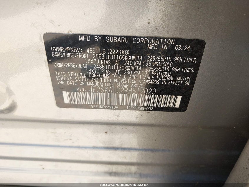 2024 Subaru Forester VIN JF2SKAEC2RH512029 IAAI salvage auction — REAR END, Salvage (North Carolina), sold $11,200 on 2026-07-06 (photo 9)