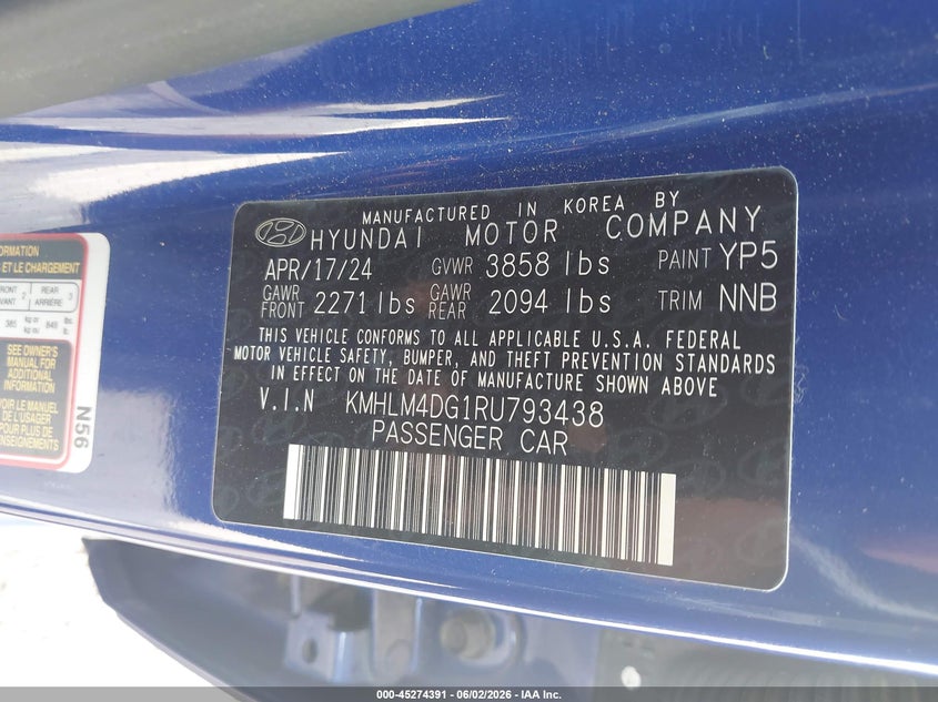 2024 Hyundai Elantra VIN KMHLM4DG1RU793438 IAAI salvage auction — REAR END, Original (Texas), sold $6,050 on 2026-07-28 (photo 9)