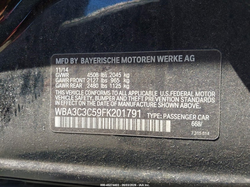 2015 BMW 3er VIN WBA3C3C59FK201791 IAAI salvage auction — ALL OVER, Salvage Title, sold $850 on 2026-08-10 (photo 9)