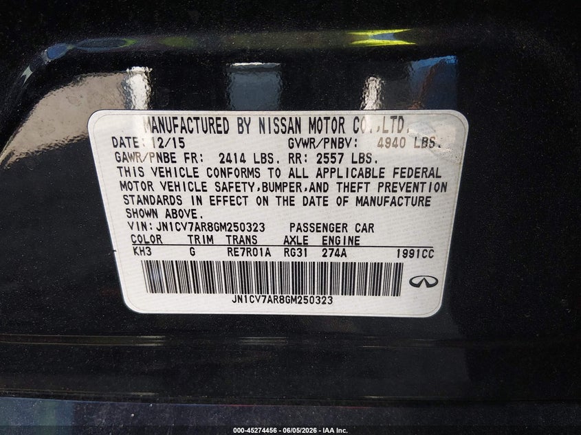2016 Infiniti Q50 VIN JN1CV7AR8GM250323 IAAI salvage auction — ALL OVER, Salvage Title, sold $100 on 2026-07-14 (photo 9)