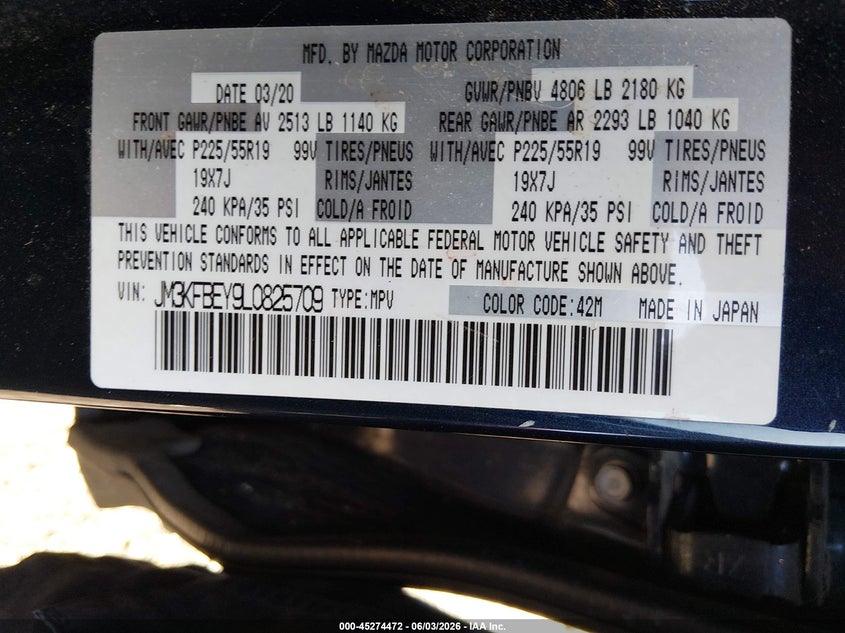 2020 Mazda Cx-5 VIN JM3KFBEY9L0825709 IAAI salvage auction — FRONT END, Salvage Title, sold $4,625 on 2026-07-15 (photo 9)
