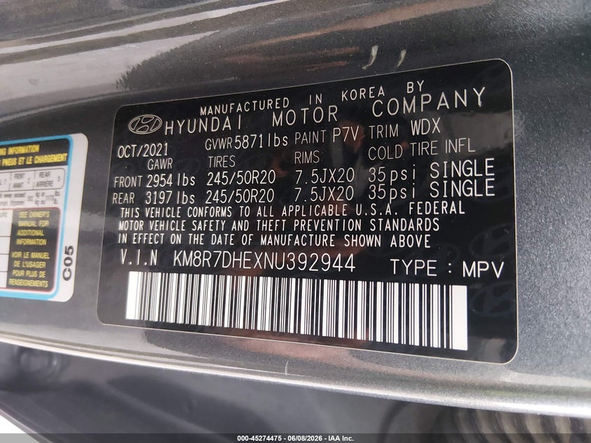 2022 Hyundai Palisade VIN KM8R7DHEXNU392944 IAAI salvage auction — LEFT REAR, Salvage Title, sold $11,150 on 2026-07-21 (photo 9)