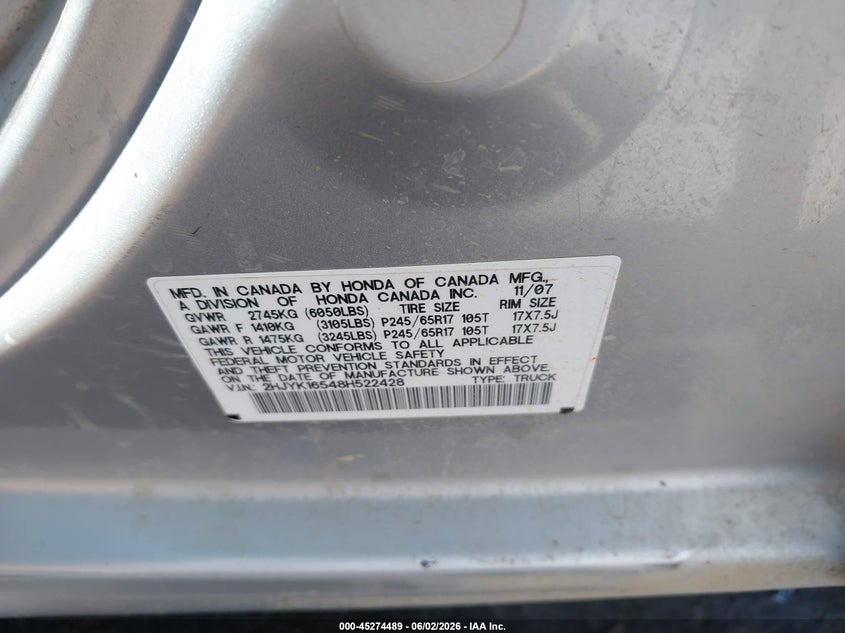 2008 Honda Ridgeline VIN 2HJYK16548H522428 IAAI salvage auction — SIDE, Salvage (Iowa), sold $825 on 2026-07-17 (photo 9)