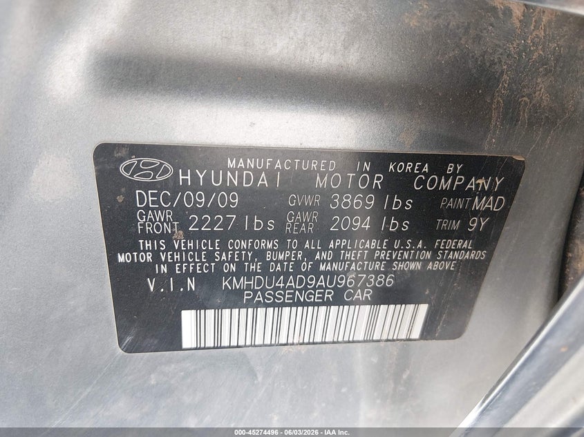 2010 Hyundai Elantra VIN KMHDU4AD9AU967386 IAAI salvage auction — NORMAL WEAR, Clear (New Mexico), sold $300 on 2026-07-15 (photo 9)