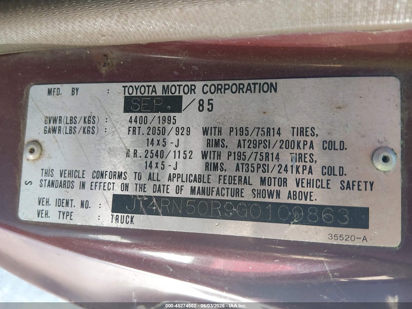 1986 Toyota Pickup VIN JT4RN50R9G0109863 IAAI salvage auction — NORMAL WEAR, Clear (Illinois), sold $1,400 on 2026-07-07 (photo 9)