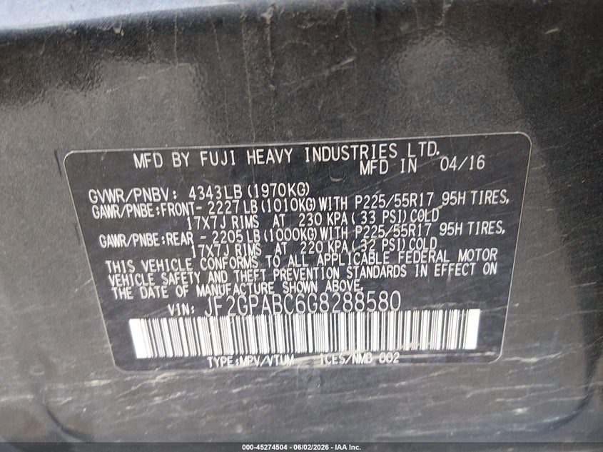 2016 Subaru Xv VIN JF2GPABC6G8288580 IAAI salvage auction — LEFT FRONT, Salvage Title, sold $600 on 2026-07-15 (photo 9)