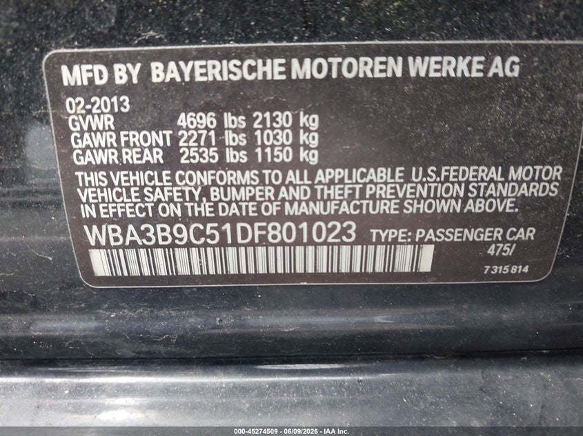 2013 BMW 3er VIN WBA3B9C51DF801023 IAAI salvage auction — FRONT END, Salvage Title, sold $2,100 on 2026-07-29 (photo 9)