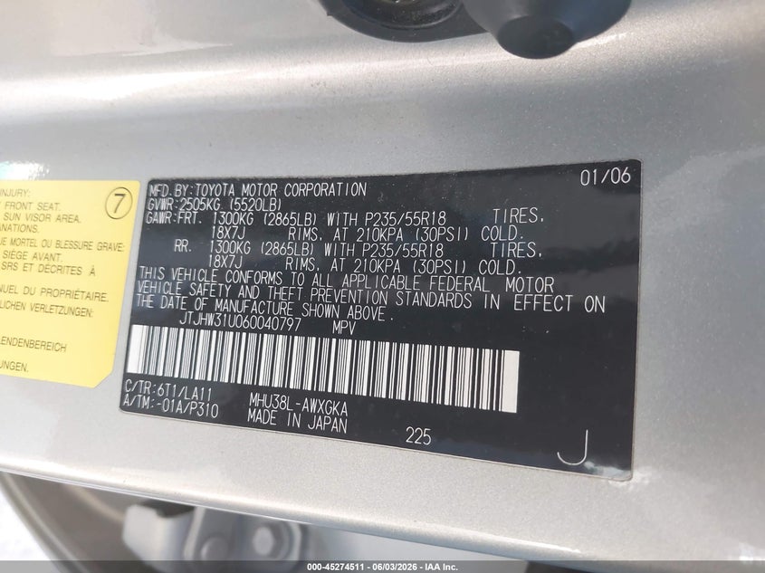 2006 Lexus Rx 400h VIN JTJHW31U060040797 IAAI salvage auction — RIGHT FRONT, Salvage (California), sold $850 on 2026-07-29 (photo 9)