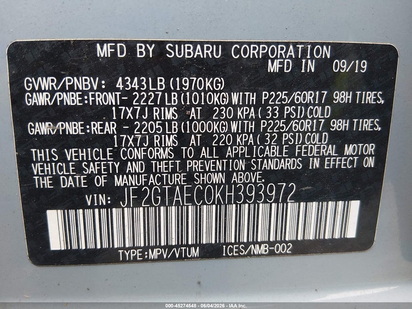 2019 Subaru Xv VIN JF2GTAEC0KH393972 IAAI salvage auction — SIDE, Salvage (Missouri), sold $6,900 on 2026-07-11 (photo 9)