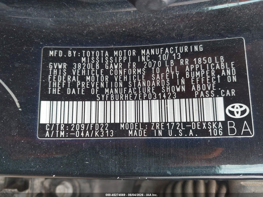 2014 Toyota Corolla VIN 5YFBURHE7EP031423 IAAI salvage auction — RIGHT SIDE, Salvage Title, sold $2,600 on 2026-07-22 (photo 9)