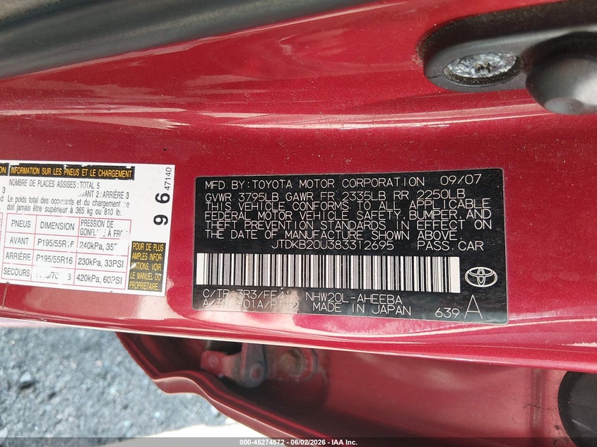 2008 Toyota Prius VIN JTDKB20U383312695 IAAI salvage auction — RIGHT FRONT, Salvage (Massachusetts), sold $375 on 2026-07-14 (photo 9)