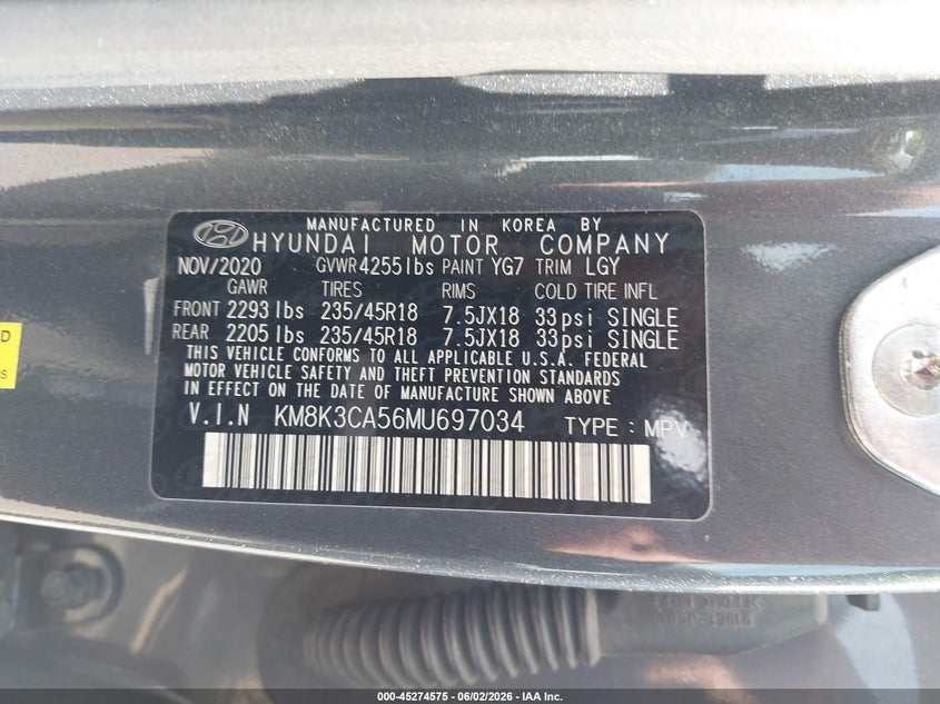 2021 Hyundai Kona VIN KM8K3CA56MU697034 IAAI salvage auction — REAR END, Salvage (Minnesota), sold $5,500 on 2026-07-27 (photo 9)
