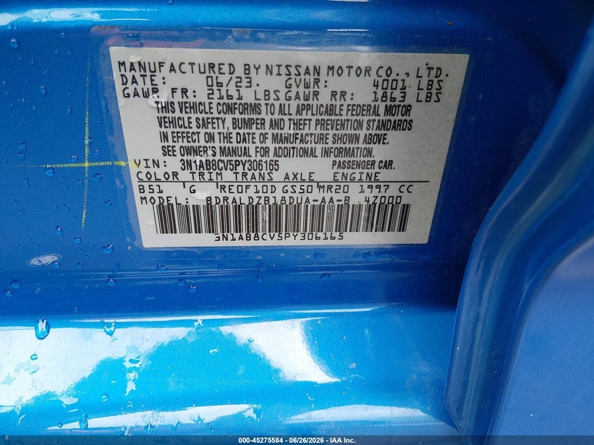 2023 Nissan Sentra VIN 3N1AB8CV5PY306165 IAAI salvage auction — HAIL, Salvage (Missouri), sold $8,100 on 2026-08-18 (photo 9)