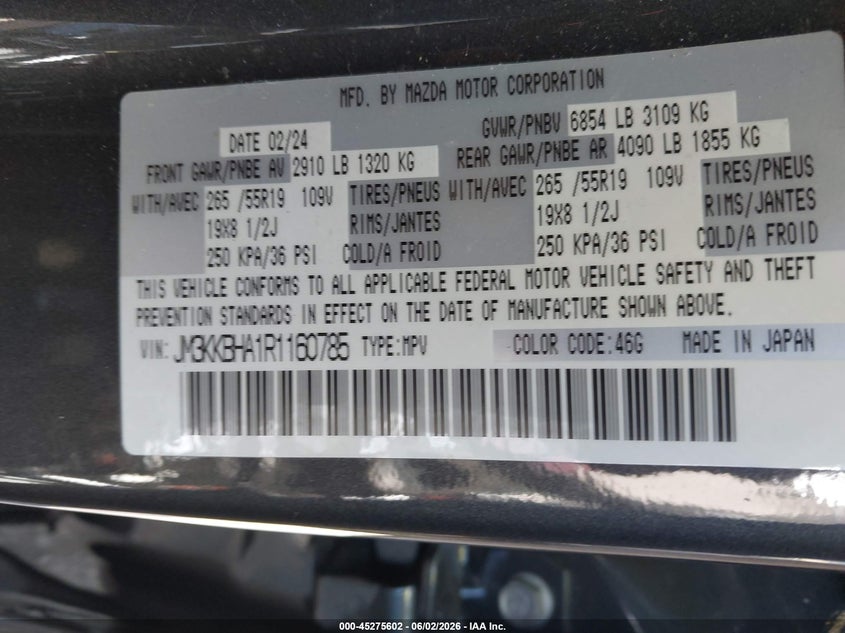 2024 Mazda Cx-90 VIN JM3KKBHA1R1160785 IAAI salvage auction — FRONT & REAR, Salvage Title, sold $11,200 on 2026-07-15 (photo 9)