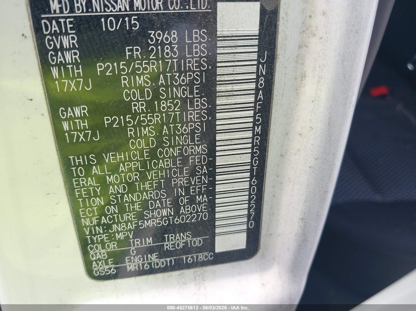 2016 Nissan Juke VIN JN8AF5MR5GT602270 IAAI salvage auction — FRONT END, Salvage Title, sold $575 on 2026-07-29 (photo 9)