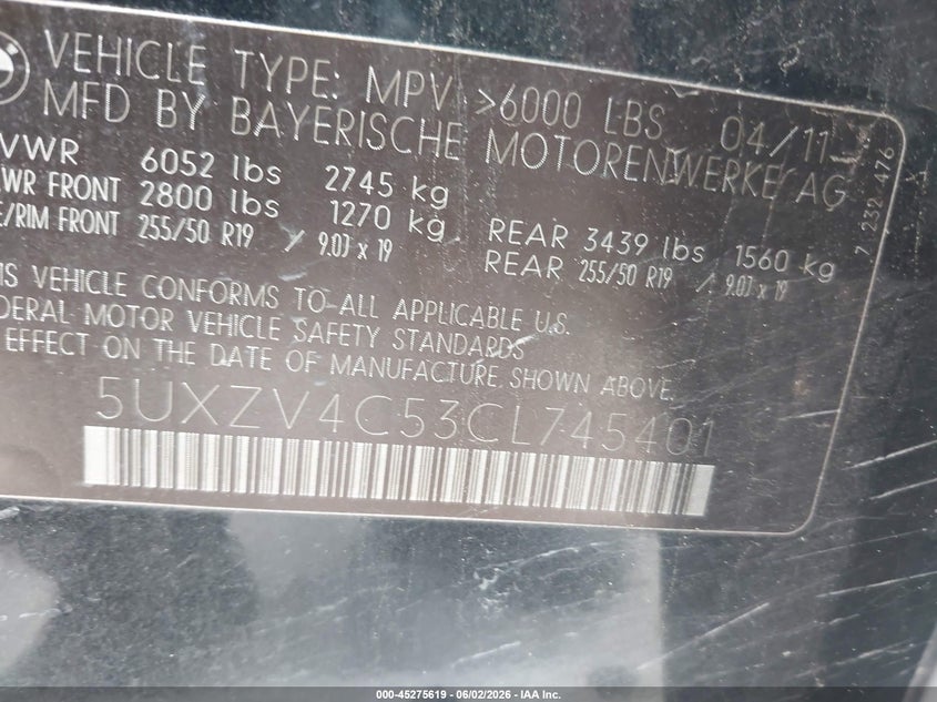 2012 BMW X5 VIN 5UXZV4C53CL745401 IAAI salvage auction — NORMAL WEAR, Original (Texas), sold $600 on 2026-07-13 (photo 9)