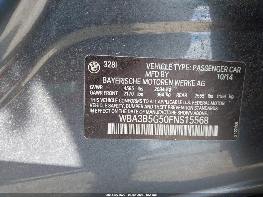 2015 BMW 3er VIN WBA3B5G50FNS15568 IAAI salvage auction — FRONT END, Salvage Title, sold $1,225 on 2026-07-27 (photo 9)