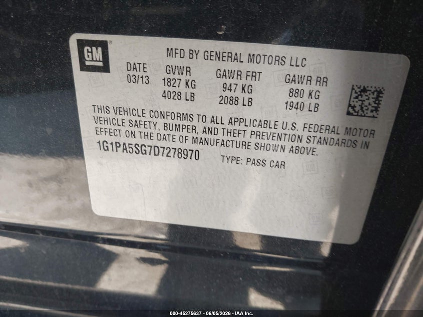2013 Chevrolet Cruze VIN 1G1PA5SG7D7278970 IAAI salvage auction — FRONT END, Salvage Title, sold $100 on 2026-07-22 (photo 9)