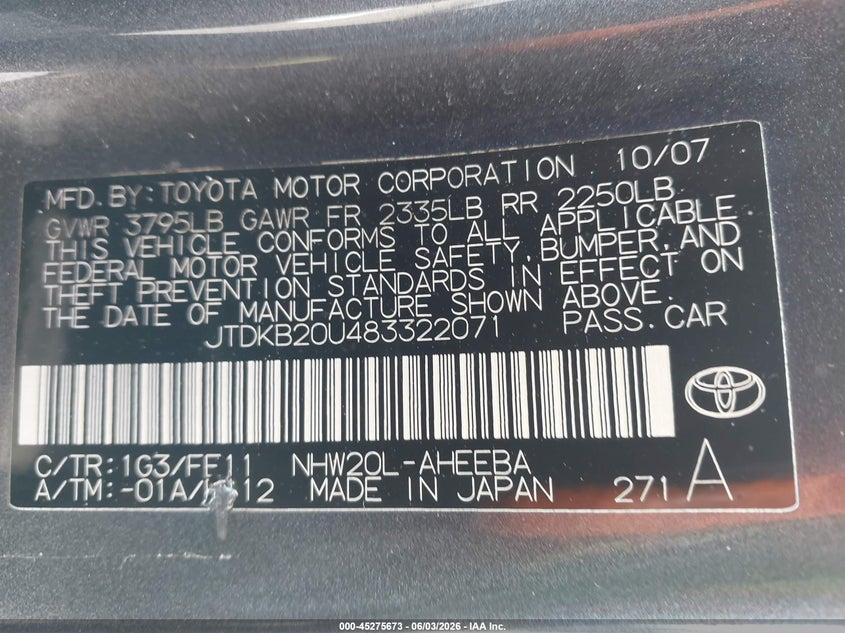 2008 Toyota Prius VIN JTDKB20U483322071 IAAI salvage auction — NORMAL WEAR, Clear - Dealer Only (California), sold $25 on 2026-07-21 (photo 9)
