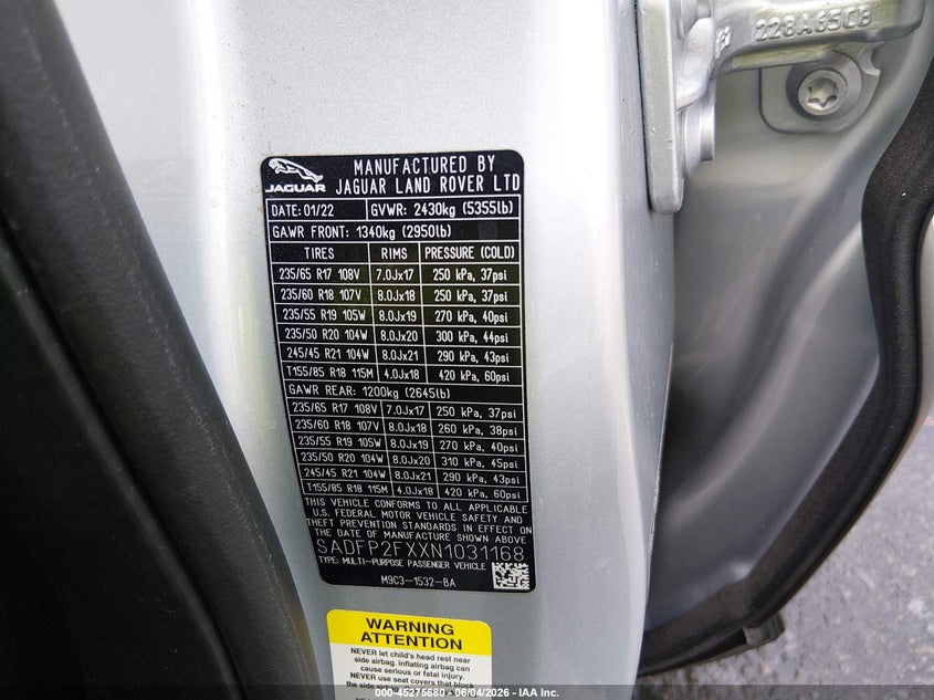 2022 Jaguar E-pace VIN SADFP2FXXN1031168 IAAI salvage auction — FRONT END, Salvage (Missouri), sold $8,150 on 2026-08-11 (photo 9)