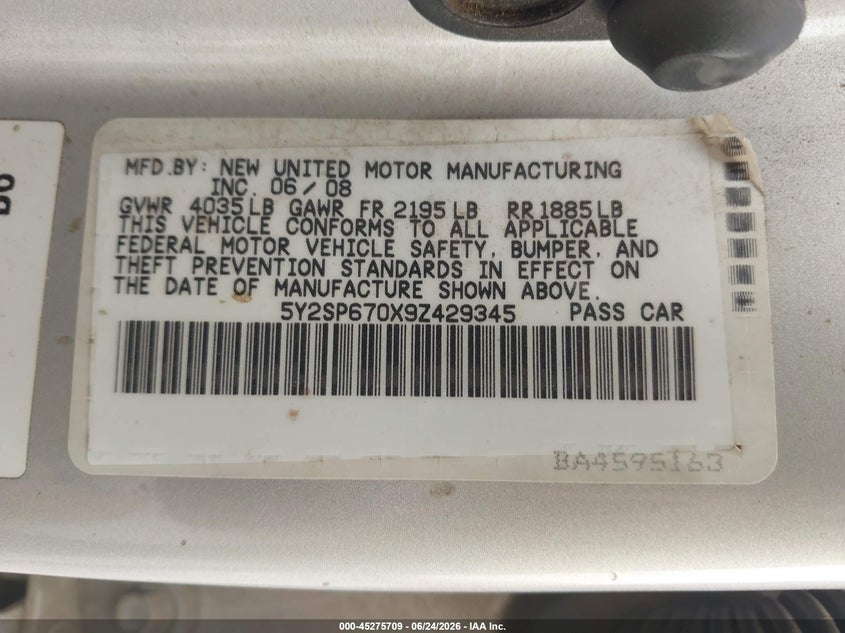 2009 Pontiac Vibe VIN 5Y2SP670X9Z429345 IAAI salvage auction — FRONT END, Nrc Lienholder Repossession Paperwork (Colorado), sold $50 on 2026-08-21 (photo 9)