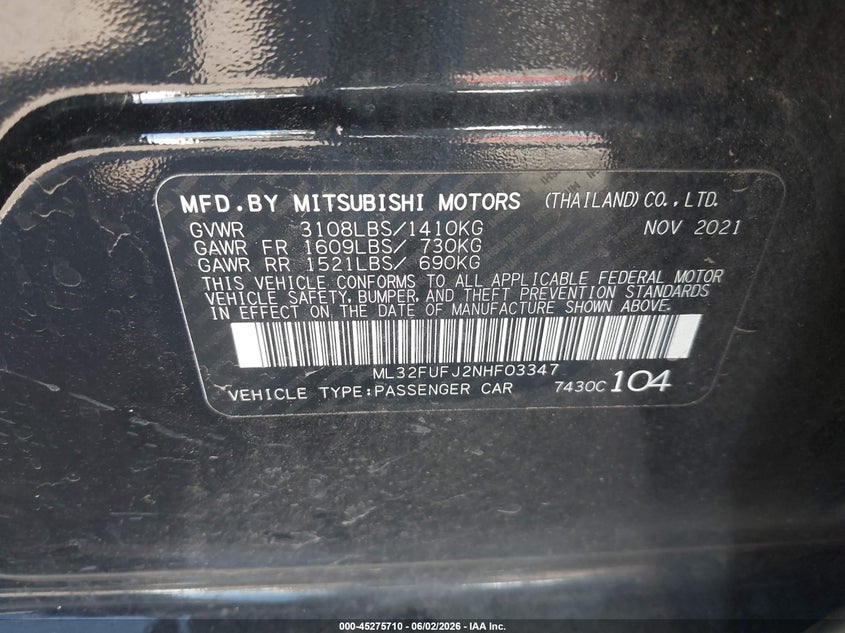 2022 Mitsubishi Mirage VIN ML32FUFJ2NHF03347 IAAI salvage auction — FRONT & REAR, Salvage Title, sold $1,400 on 2026-07-14 (photo 9)