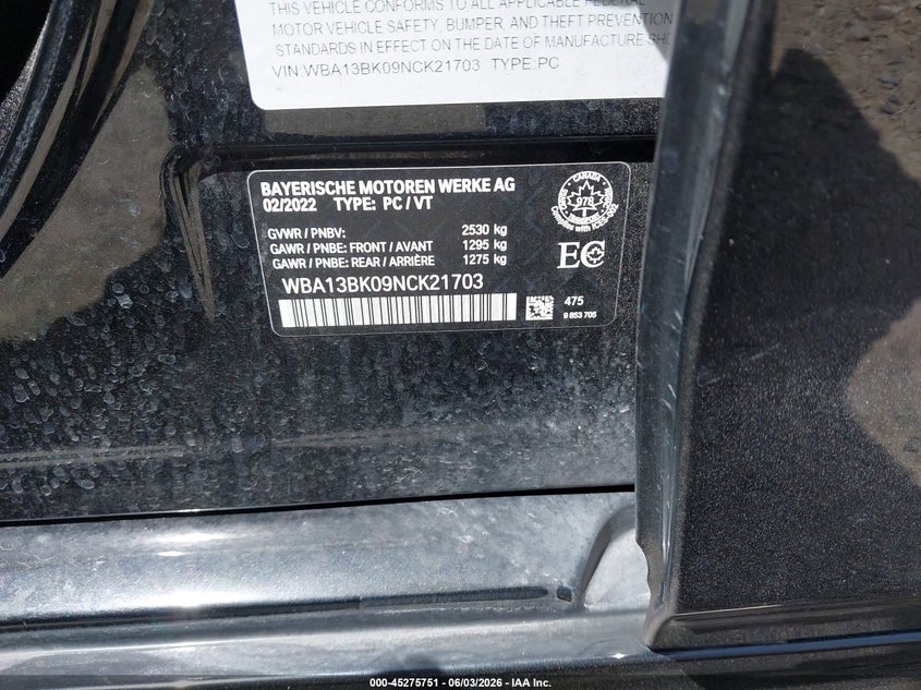 2022 BMW 5er VIN WBA13BK09NCK21703 IAAI salvage auction — FRONT END, Salvage Title, sold $20,100 on 2026-07-09 (photo 9)