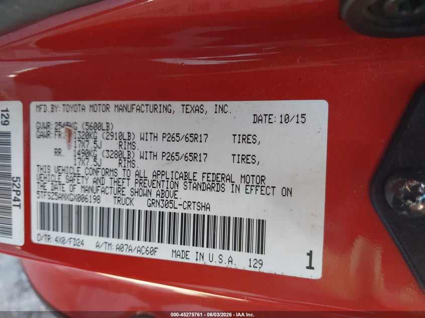2016 Toyota Tacoma VIN 5TFSZ5ANXGX006198 IAAI salvage auction — FRONT END, Salvage Title, sold $4,500 on 2026-07-22 (photo 9)