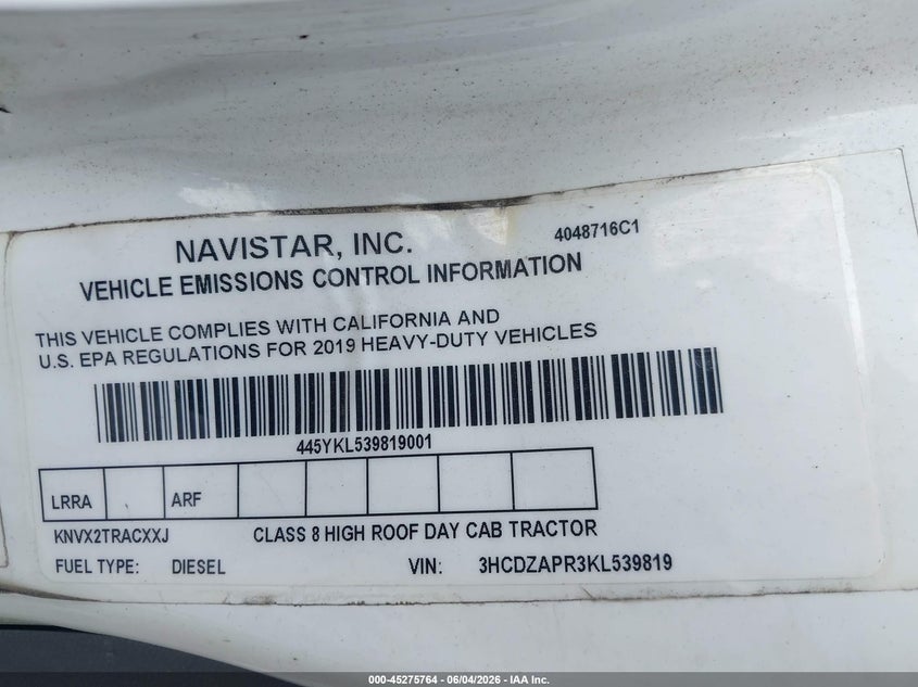 2019 International VIN 3HCDZAPR3KL539819 IAAI salvage auction — LEFT SIDE, Original (Texas), sold $7,600 on 2026-07-08 (photo 8)