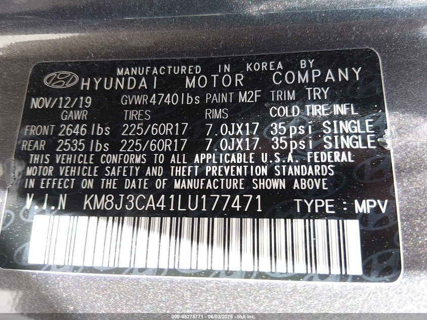 2020 Hyundai Tucson VIN KM8J3CA41LU177471 IAAI salvage auction — FRONT END, Salvage Title, sold $4,150 on 2026-07-17 (photo 9)
