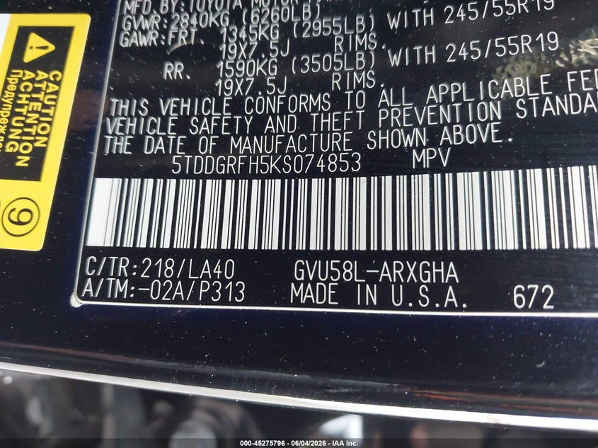 2019 Toyota Highlander VIN 5TDDGRFH5KS074853 IAAI salvage auction — SIDE, Salvage Title, sold $7,100 on 2026-08-22 (photo 9)