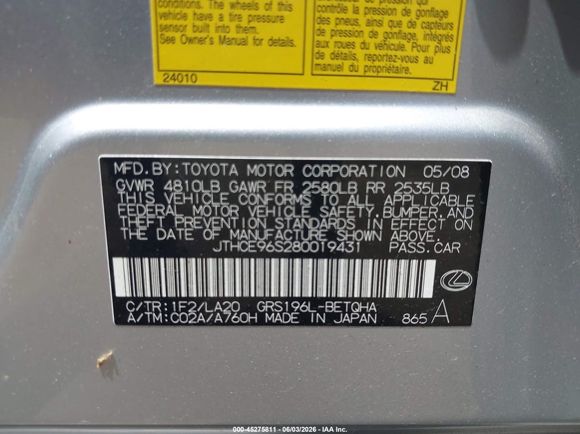 2008 Lexus Gs VIN JTHCE96S280019431 IAAI salvage auction — LEFT FRONT, Clear (Indiana), sold $875 on 2026-07-18 (photo 9)