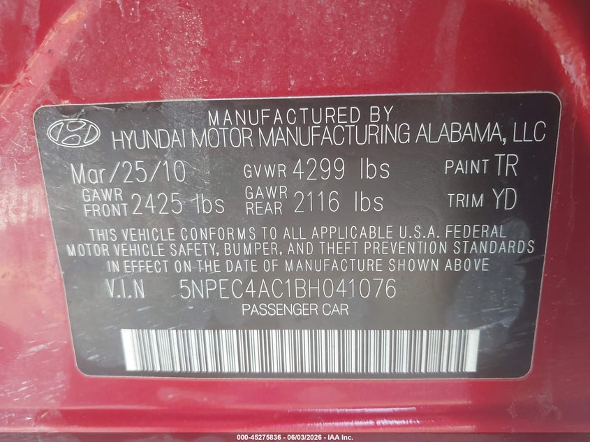 2011 Hyundai Sonata VIN 5NPEC4AC1BH041076 IAAI salvage auction — LEFT SIDE, Salvage (Idaho), sold $500 on 2026-07-16 (photo 9)